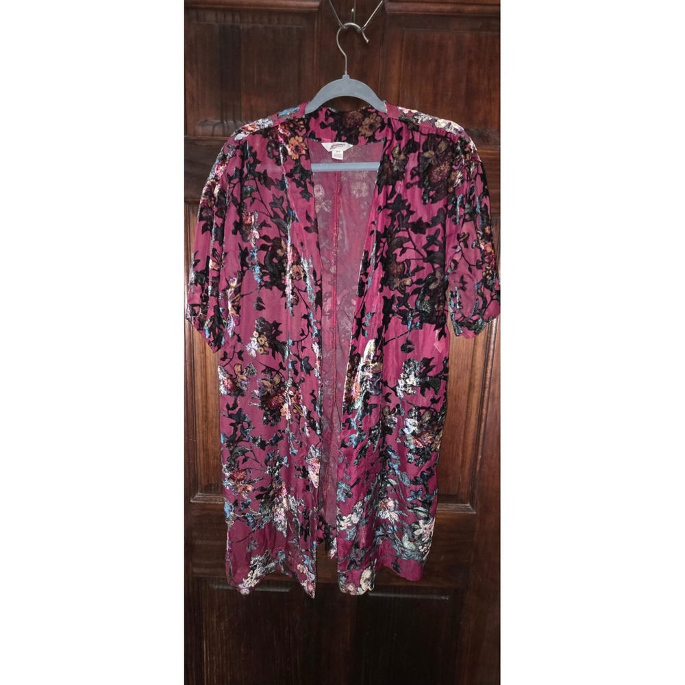 Arizona Jean Co Burgundy Burnout Velvet Floral Kimono Wrap Cardigan XS/S